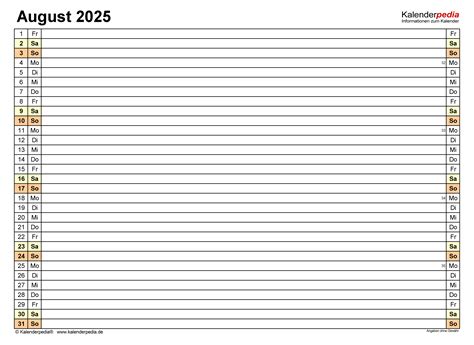 Kalender August 2025 als Word-Vorlagen