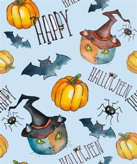 Akwarela wzór na Halloween. Kapelusz czarownicy, świece, dynia ...