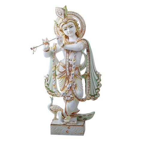 Krishna Playing Bansuri Standing Statue Made of Soft Marble - 15 x 6 x