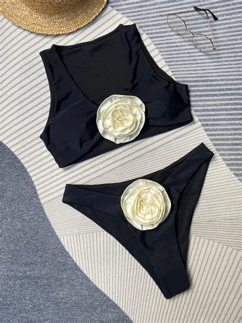 Chic Black Two-piece Swimwear With Cream Rose Appliqué on Luulla