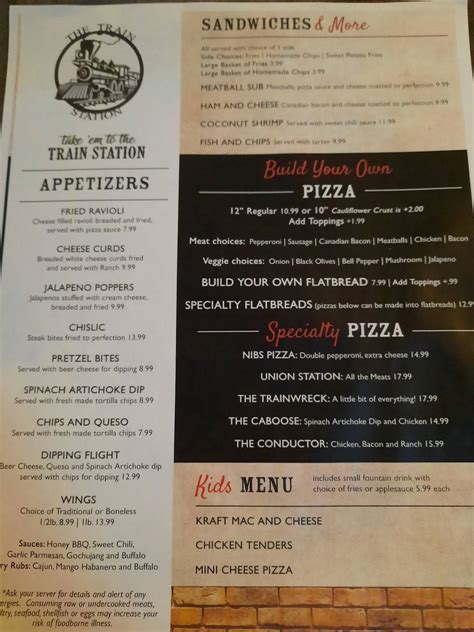 Menu at The Train Station restaurant, Alton