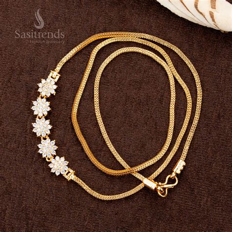 One Gram Gold Plated Floral Mugappu Chain with AD Stones - Sasitrends