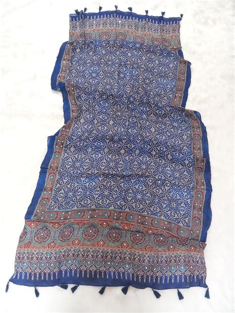 Blue Pakistani Floral Design Printed Georgette Dupatta with Mirror Wor ...