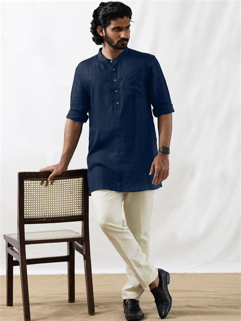 Dark Blue Full Sleeve Mandarin Collar Pure Linen Short Kurta – Linen Trail