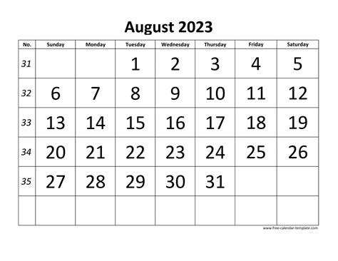 August 2023 Free Calendar Tempplate | Free-calendar-template.com