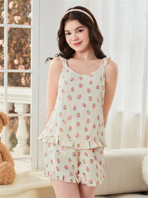 Teen Girl New Strawberry Print Cami Top With Shorts Set For Leisure ...
