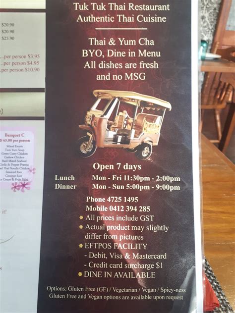 Menu at Tuk Tuk Thai restaurant, West End