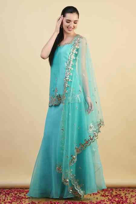 Buy Blue Silk, Organza, Crepe Embroidery, Sequins, Zari, Border Kurta ...