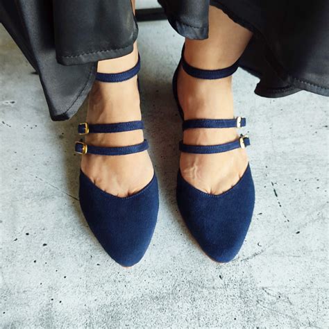 Dressy Blue Leather Shoes With Ankle Closure, Dark Blue Flat Shoes, Low ...