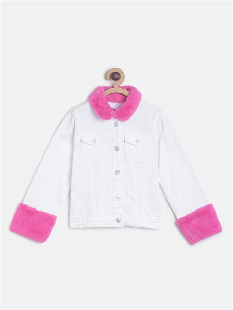 Girls Regular White Denim Jacket With Fur – Tales & Stories