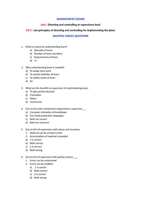 22509 MGT CO3 All Assessment - MANAGEMENT (22509) Unit : Directing and ...