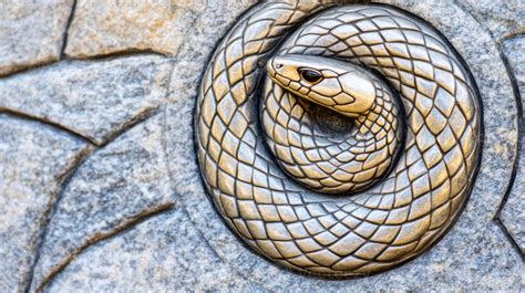Symbolic snake curled in a circle biting its own tail on an ancient ...