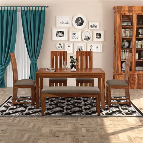 Adichwal Furniture Sheesham Wood 4 Chair with 1 Bench Dining Table Set ...