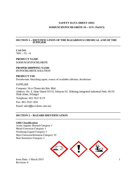 Safety Data Sheet (SDS) Sodium Hypochlorite 10 - 13% (Naocl) | PDF ...