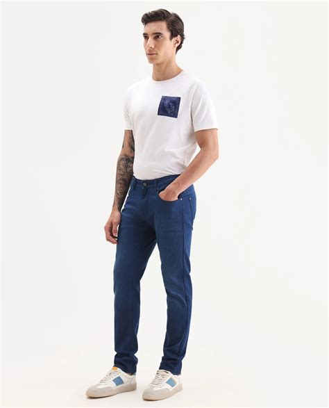 Rare Rabbit Men's River Blue Cotton Blend Fabric Hawk Slim Fit Plain J