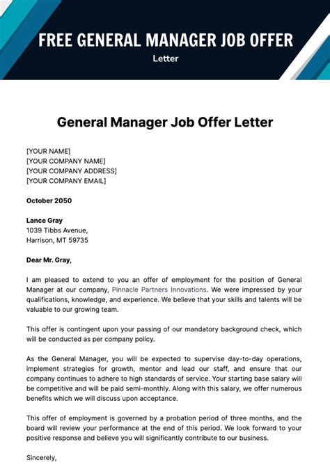Free General Manager Job Offer Letter Template to Edit Online