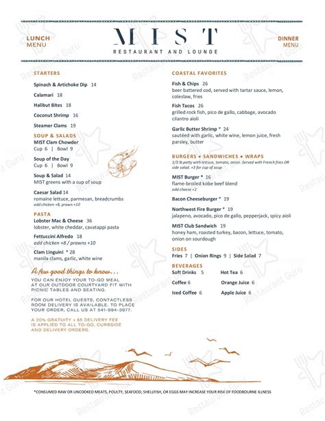 Menu at MIST Restaurant & Lounge, Lincoln City