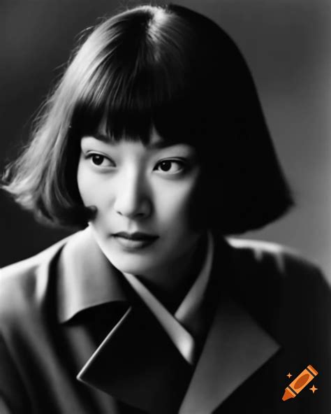 Ukiyo-e style depiction of Asian actress in trenchcoat with layered bob ...