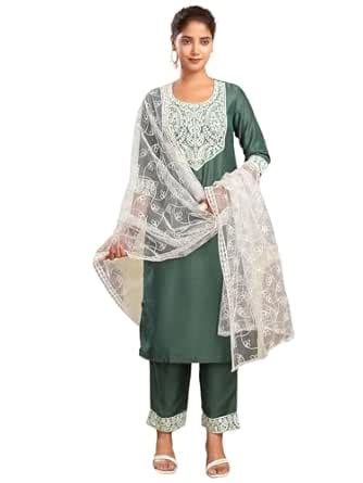 Buy Sanisa Women's Chinnon Sequence and Embroidery Work Straight Kurta ...