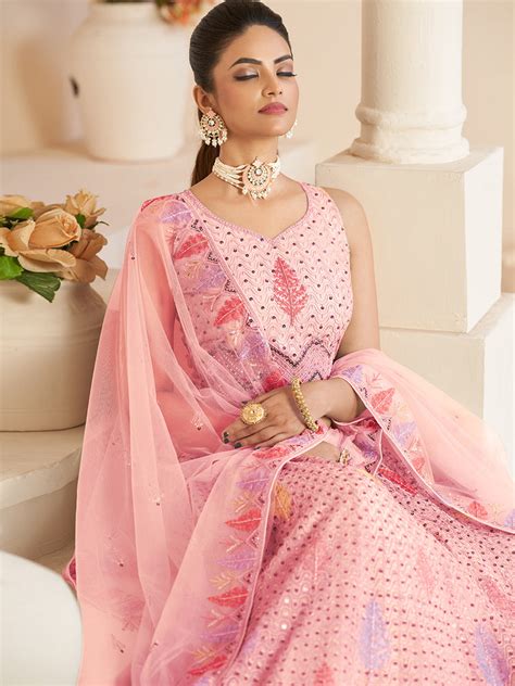 Pink Net Embroidered Semi stitched Lehenga With Unstitched b