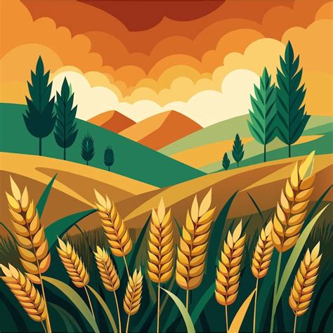A field of wheat with a field and trees in the background | Premium AI ...