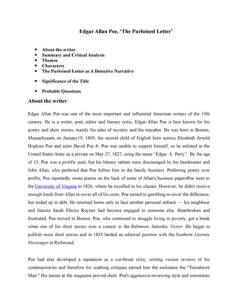 Edgar Allan Poe's The Purloined Letter SS - English honours - Studocu