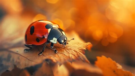 A ladybug is perched on a leaf in the morning sun the ladybug is red ...