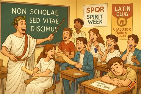 An illustration of a classroom with a teacher dressed as a Roman giving ...