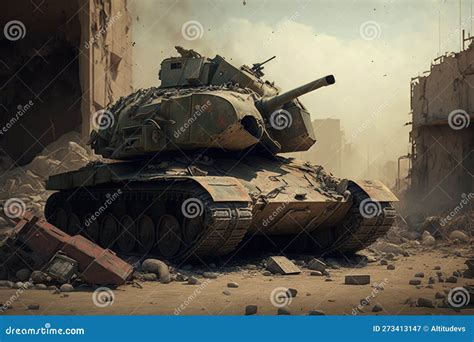 Battle Tank, Surrounded by Rubble and Debris from War-torn City Stock Illustration ...
