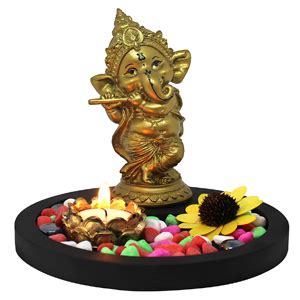 Buy TIED RIBBONS Ganesha Statue Playing Bansuri with with Wooden Flower ...