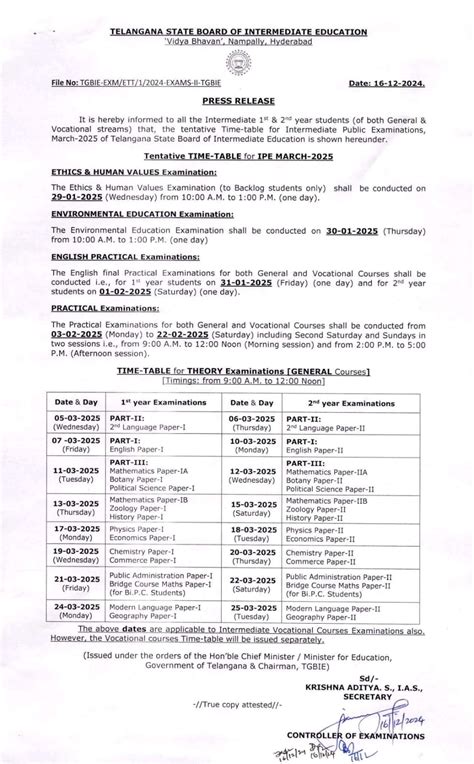 TG Intermediate Examination March 2024 Schedule Time Table