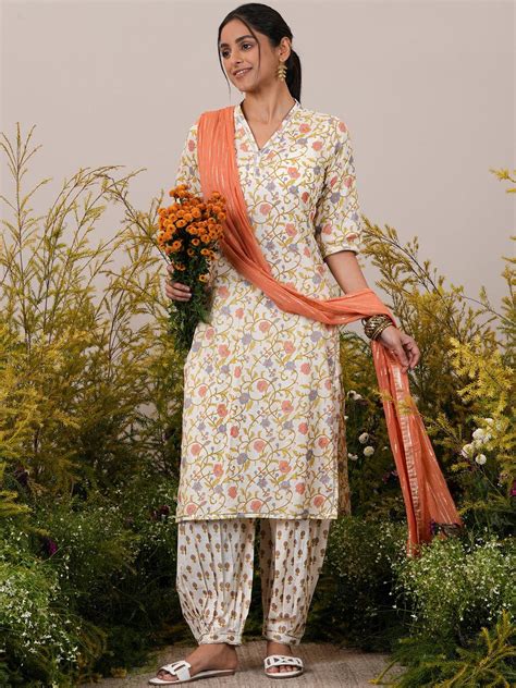 Buy Off White Printed Cotton Straight Suit With Dupatta Online at Rs ...