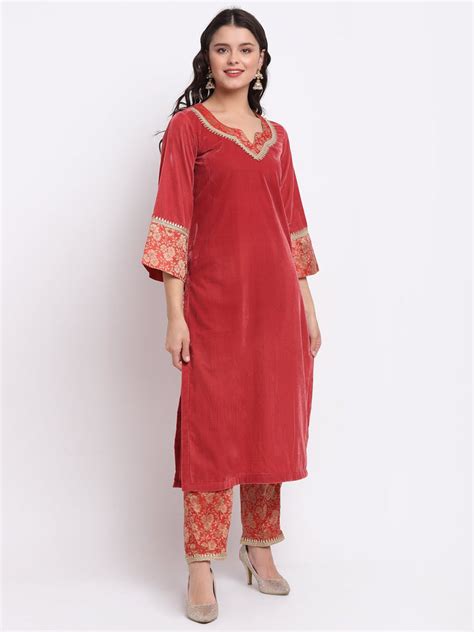Coral Bloom Brocade Velvet Straight Kurti with Designer Brocade Pants ...