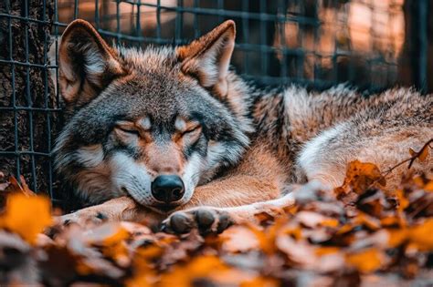 A wolf napping in a bed of autumn leaves | Premium AI-generated image
