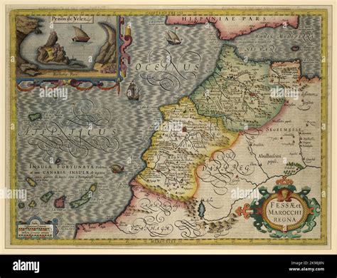 Colorful antique map of Fez and the Kingdom of Morocco by Dutch cartographer Jodocus Hondius ca ...