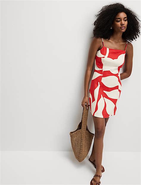 Buy Linen Rich Printed Square Neck Strappy Mini Shift Dress at Marks ...