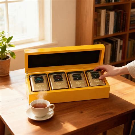 Luxury Tea Gift with Wooden Box with 4 Assorted Tins of Premium Tea