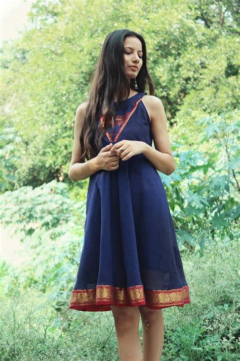 Navy Blue Boho Style Flared Dress made from an Indian Saree - Mogra Designs