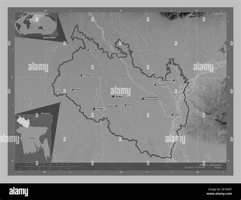 Rangpur, division of Bangladesh. Grayscale elevation map with lakes and rivers. Locations and ...
