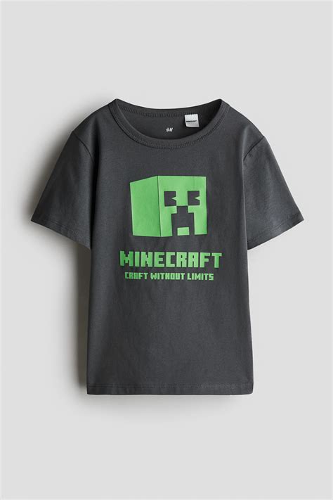 Printed cotton T-shirt - Dark grey/Minecraft - Kids | H&M IN