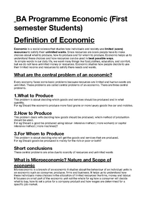 BA Programme Economic (1st Sem) Overview of Economic Principles - Studocu