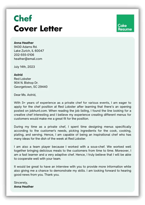 Chef Cover Letter Writing Guide (+Examples) | CakeResume