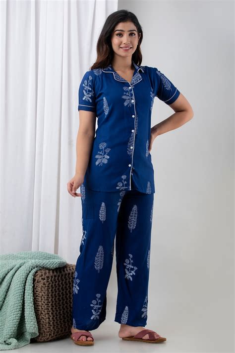 Bunkari Women Night Suit Set Dark Blue Printed