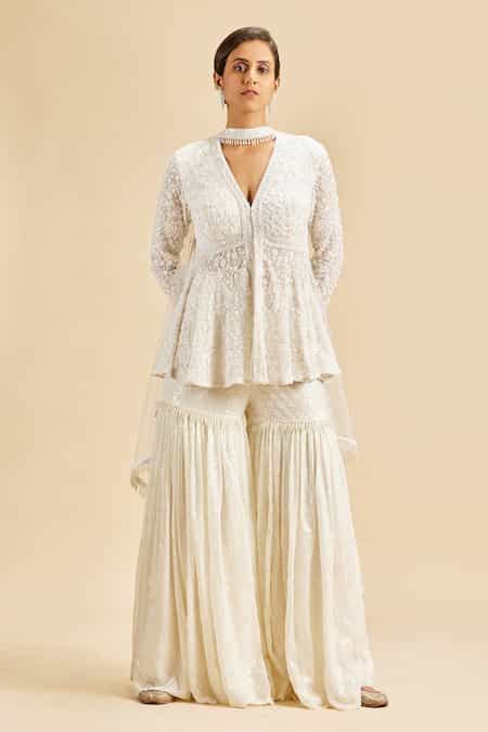 Buy Ivory Peplum Top And Gharara Georgette & Dupatta Net Embroidery ...