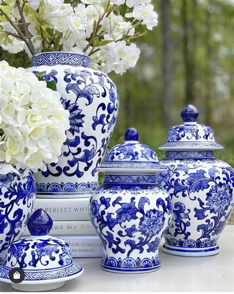 Blue and White Chinoiserie Vases with Flowers