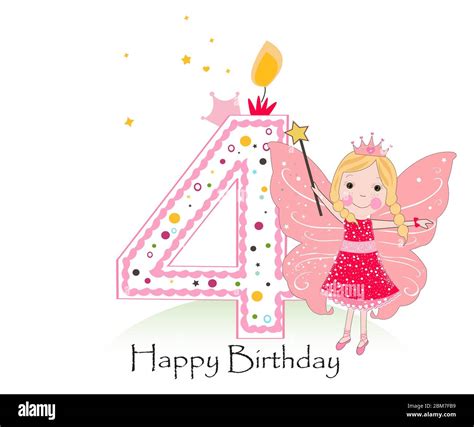Happy fourth birthday candle. Girl greeting card with cute fairy tale ...