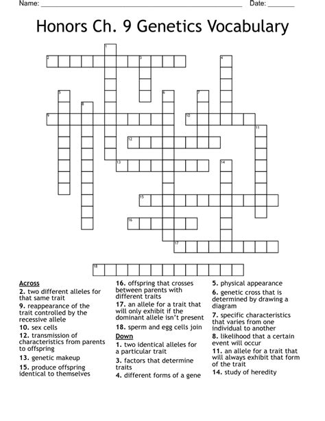 Honors Ch. 9 Genetics Vocabulary Crossword - WordMint