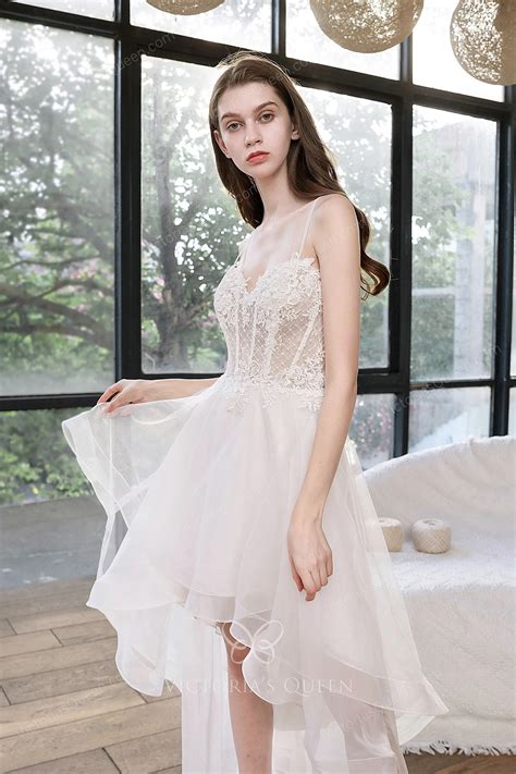 Sweetheart Neck Lace and Tulle High-low Beach Wedding Dress - VQ