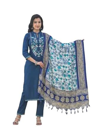 The Hope Women Pure Cotton Kurta Pant Dupatta Set (Blue) : Amazon.in ...