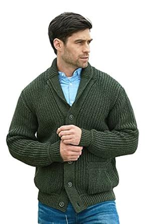 Aran Crafts Men's Irish Cable Knitted Ribbed Shawl Cardigan (100% ...
